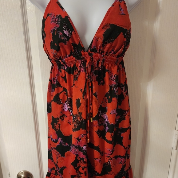 Spaghetti Strap Red Floral Dress Tie Waist - Picture 3 of 4
